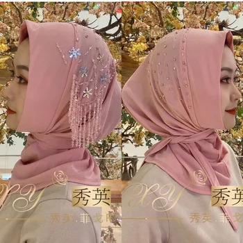 Naujas prabangus duobute Musulmonų moterys skarelė momentinių hijab su kaklaraištis