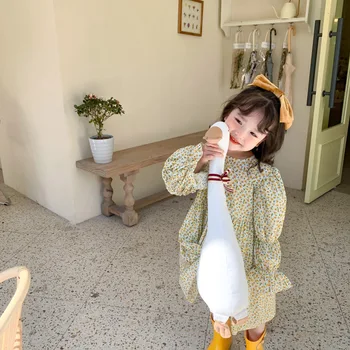 Pavasarį Naują korėjos stiliaus mergina suknelė medvilnės gėlės modelis ilgomis rankovėmis princesė dress saldus mielas suknelė kūdikių mergaitės