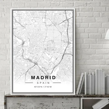 Šiaurės Ispanija Madridas Miesto Žemėlapį Šiaurės Juoda ir Balta Minimalsit Sienos Menas Nuotraukas, Plakatus ir nuotraukas Kambarį Namų Dekoro