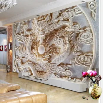 Custom 3D Sienų Freskomis Tapetai Stiliaus Kinijos Drakonas Reljefo Nuotrauka Freskos 3D Stereoskopinis Meno Kambarį, TV Foną, Sienos Popieriaus