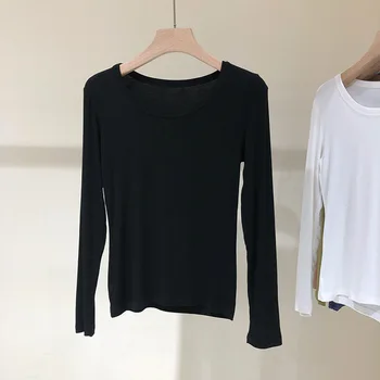 Mados Moterų medvilnės aukštos kaklu ir ilgomis rankovėmis megztinis dugno marškinėliai