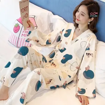 Moteriški Kimono Namų Drabužiai Moterims, Pavasarį ir Rudenį Sleepwear Nustatyti Namuose Dėvėti Seksualus naktiniai marškiniai, pižamos Moterims Medvilnės Pyjama Femme