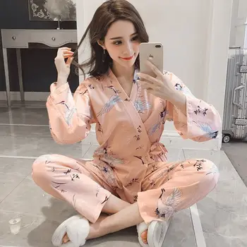 Moteriški Kimono Namų Drabužiai Moterims, Pavasarį ir Rudenį Sleepwear Nustatyti Namuose Dėvėti Seksualus naktiniai marškiniai, pižamos Moterims Medvilnės Pyjama Femme