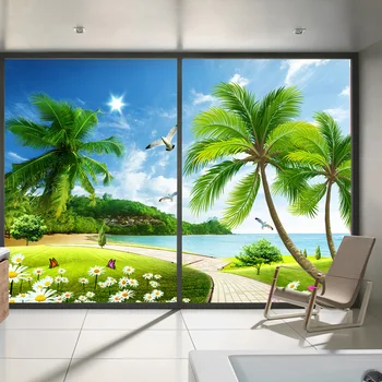 Dekoratyvinis lango stiklo lipdukai custom vonios, miegamojo, biuro stumdomosios durys paplūdimio kraštovaizdžio matinio stiklo plėvelės