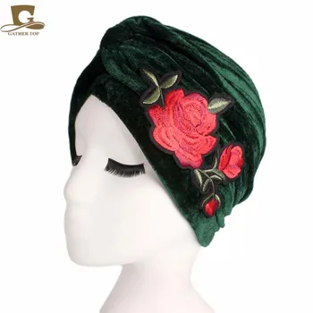 Naujas Prabangus Moterų Rožių Gėlių Ruožas Aksomo Turbaną Headwrap Chemo Kepuraitė Hijab Bžūp Galvos Apdangalai