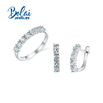 Bolai,Natūralus akvamarinas žiedai, auskarai, papuošalų komplektas, paprastas dizainas, stilius, 925 sterlingas sidabro moterų kasdien dėvėti fine jewelry