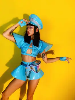 (Hat+Viršūnes+Šortai+Vietoje+Pirštinės) Mėlyna Kristalai Bikini Moterims Nustatyti Seksualus DJ, Dainininkas Etapo Komplektus Pirmaujančių Šokio Asmenybės DS Kostiumas