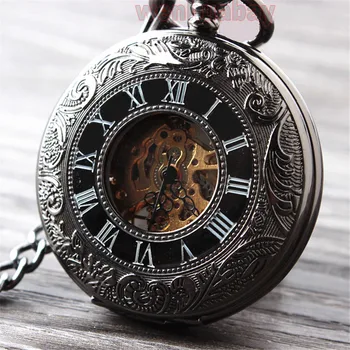 Vintage Black Mechaninė Kišenėje Žiūrėti Mens Tuščiaviduriai Skeleto Ranka vėjo Klasikinis Elegantiškas Retro Vyrų Laikrodis Pakabukas FOB Grandinės Laikrodžiai