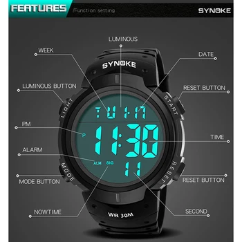 SYNOKE Vyrų Skaitmeninis Žiūrėti Signalizacijos LED Laikrodžiai Elektroninis Laikrodis Didelis Ciferblatas Lauko Vandeniui Karinės Sporto laikrodis Vyrams Laikrodžiai