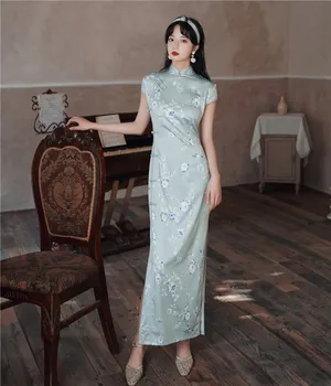 Vintage Stiliaus Kinijos Qipao Ilgai, Rankų darbo Mygtuką Cheongsam Suknelė Moterų Mandarinų Apykaklės Tradicinę Suknelę, Dydis S -3XL