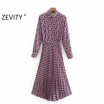 Zevity Naujas moterų derliaus geometrinis spausdinti atsitiktinis varčias marškinėliai suknelė, prašmatnus moterų ilgomis rankovėmis plisuotos vestidos šalis suknelės DS4157