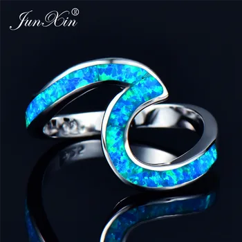 Unikalus Stiliaus Mėlyna Balta Fire Opal Banga Mados Žiedas Sidabro Spalvos Vestuvių Žiedai Moterims Birthstone Papuošalai, Aksesuarai