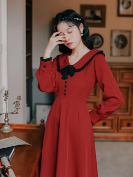 COIGARSAM prancūzų Stiliaus Moteris Ilga suknelė Vintage Suknelės Raudona TS2661