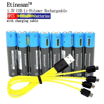 8pcs Etinesan 1,5 V AAA 900mwh li-polimero li-ion ličio Įkraunama Žaislai Žibintuvėlis baterija baterija USB, su USB krovimo linija