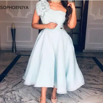 Naujas Atvykimo Satino Dangus Mėlynas Trumpas vakarines sukneles 2020 Vieną petį Pigūs Oficialų suknelė moterims, elegantiškas Abiye Vakare gown