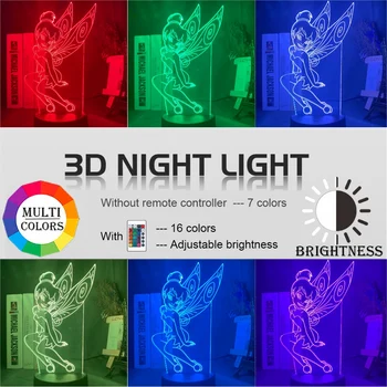 Pasakų Tinker Bell Pav 3D Lempos Princesė Animacinių filmų Akrilo Naktį Šviesos diodų (LED) Touch Optinė Iliuzija Stalo Lempa Namų Dekoravimo, Dovanų