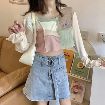 Moterų Stebėjimo Susiuvimo Marškinėliai Vasaros Saulės Viršų Saldus Cute Girl Kawaii ilgomis Rankovėmis Tee Marškinėliai 2020 nepasieks T-Shirts