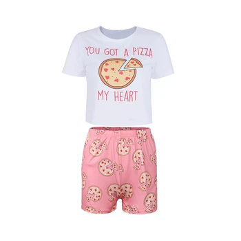 2020 Mados Tendencija Moterų Sleepwear Trumpas Rankovės marškinėliai Šortai Kostiumas Pica Modelis Vasaros Juokinga Atsitiktinis Ištaigingas Dėvėti Pajama Komplektai