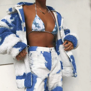 Kaklaraištis Dažų Spausdinti Pūkuotas Meškiukas Moterų Žiemos Striukė Moteriška Negabaritinių Paltai 2020 M. Rudenį Šiltu Dirbtiniais Kailiais ilgomis Rankovėmis Zip Iki Modis Outwear