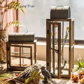 Tiesioginis pardavimas naujų medienos žibinto stiklas vėjo lempos žvakidė dekoratyvinės dailės sodo kieme nostalgišką retro kaustytomis geležies