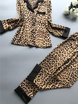 Daeyard Mados Leopard Miego Lounge Moterims Šilko Pižama Rinkiniai ilgomis Rankovėmis Marškiniai Ir Kelnės 2VNT Pižamos Sleepwear Namų Drabužiai