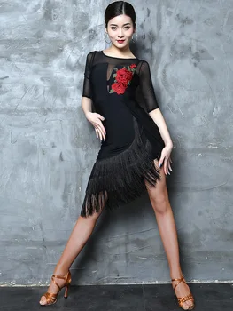 Lotynų Šokių Suknelė Juodos spalvos Gėlių Siuvinėjimas Cheongsam Naujas Kutas Moterų Konkurencijos Veiksmingumo Suknelės Qiaqia Tango Salsa JUNE002
