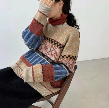 Moterų megztinis Rudens, Žiemos, Derliaus Saldus O-Kaklo Visą Puloveriai Geometrinis Išlaikyti Šiltas Y2k Megztiniai Moterims Laisvas