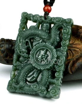 Natūrali Žalioji HeTian Jade Raižyti Tuščiaviduriai Kinijos Kardas GuanGong Amuletas Pasisekė Pakabukas + Karoliukai Karoliai + Sertifikatas Fine Jewelry
