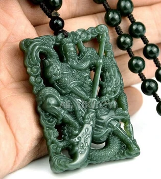 Natūrali Žalioji HeTian Jade Raižyti Tuščiaviduriai Kinijos Kardas GuanGong Amuletas Pasisekė Pakabukas + Karoliukai Karoliai + Sertifikatas Fine Jewelry