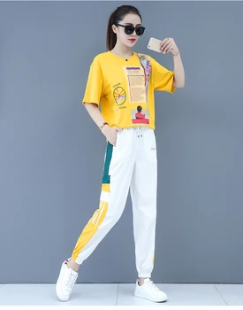 2019 Vasaros Atsitiktinis Sporto Dviejų dalių Rinkiniai Tracksuit Komplektai Moterų Plius Dydis Atspausdinta marškinėliai Ir Kelnės, Kostiumai korėjos Mados Rinkiniai