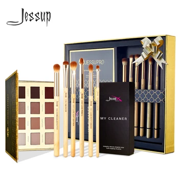 Jessup 6pcs Bambuko Makiažo šepetėliai Kosmetikos priemones, Makiažo teptuku švaresnis kempine ir 12 spalvų Paletės Eyeshadow & dovanų dėžutėje pakavimo E712