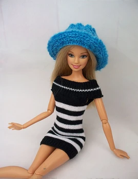 Žiemos Juoda Juostele Trikotažas Šiltas Megztinis Silm Mini Suknelės Barbie Lėlės Komplektus, Vienas Gabalas Drabužius Barbie 