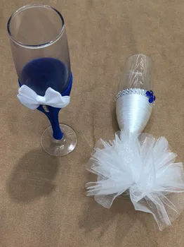 Naujausia 1 pora/daug mėlynos ir baltos Bowknot vestuvių Šampanas Skrudinimas Akiniai Nustatyti vestuvių dekoravimas