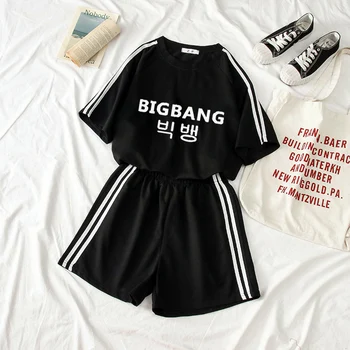 Moterų Apranga Kpop Tracksuit Moteris BIGBANG G-Dragon Atspausdintas T-shirt Dviejų dalių Komplektas Viršaus ir Kelnės Summer Set Top Ansamblis Femme