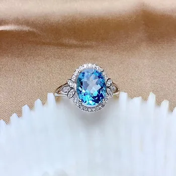 Mėlyna kristalų topazas akvamarinas brangakmenių, deimantų žiedai moterims balto aukso sidabro spalvos vestuvių, sužadėtuvių juosta šalis dovanos