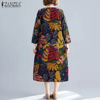 Retro Spausdinti Midi Suknelė Moterų Rudenį Sundress ZANZEA 2021 Atsitiktinis ilgomis Rankovėmis Gėlių Vestidos Moterų, O Kaklo Skraiste, Negabaritinių