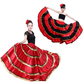 Suaugusiųjų, Vaikų, Moterų Ispanų Flamenko Sijonas Moterims Čigonų Merginos Pilvo Šokiai, Kostiumai Vaikams, Raudonas Juodas Dryžuotas Big Swing Suknelė