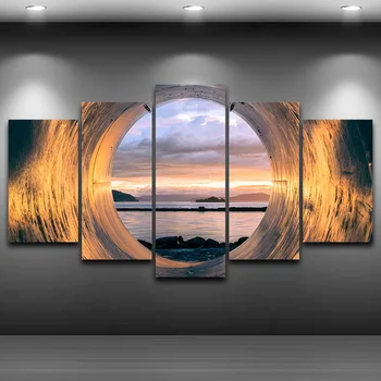 Sienos Meno Tapybos Modulinės Plakatas Šiuolaikinio Namų Dekoro 5 Skydelis Vamzdis Saulėlydžio Ocean View Rėmo Kambarį Drobės HD Nuotraukų Spausdinimas