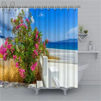 Raudona Gėlė, Mėlyna graikų Durys su vaizdu į Jūrą Saloje Dušo Užuolaidos Su Vonios kambariu Nustatyti Vandeniui Audinio Vonios Dekoras