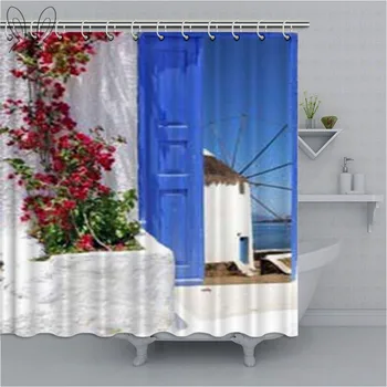 Raudona Gėlė, Mėlyna graikų Durys su vaizdu į Jūrą Saloje Dušo Užuolaidos Su Vonios kambariu Nustatyti Vandeniui Audinio Vonios Dekoras