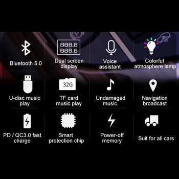 Bluetooth FM Siųstuvas su Dvejopo Ekrano Universaliųjų Automobilių Belaidžio Garso Imtuvą su 7clor Žibintai PD QC3.0 Spartusis Įkrovimas Player