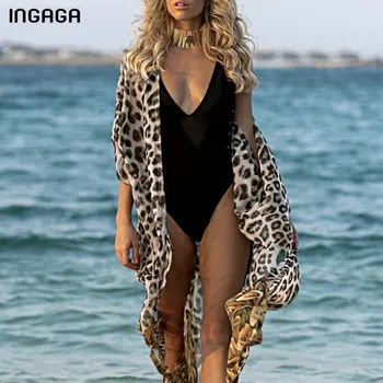 INGAGA Leopard Print Long Beach Suknelė Seksualus Megztinis Paplūdimio Padengti Iki Pusės Rankovės maudymosi Kostiumėliai Moterims, Juostinės Maudymosi Kostiumas Moterims 2021