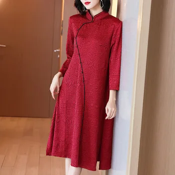 Prancūzijos Pagerėjo Cheongsam Kinų Stiliaus Raudona Suknelė Rudens Žiemos 2020 Nauja, Moterų Ilgas Rankovėmis Plisuotos Suknelės
