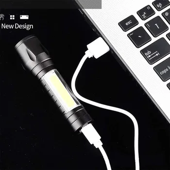 LED USB Įkraunamas Žibintuvėlis T6 COB Šviesos 3 Apšvietimo Režimus Zoom 