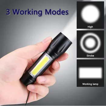 LED USB Įkraunamas Žibintuvėlis T6 COB Šviesos 3 Apšvietimo Režimus Zoom 