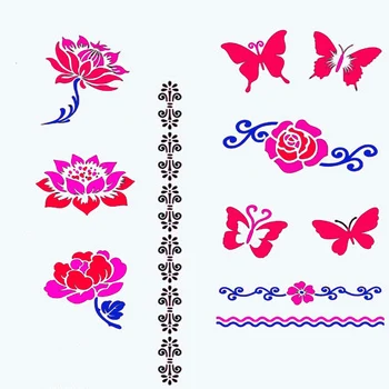 Henna Tatuiruotė Trafaretai Rinkinys (12 Lapų),Lipnios Drugelis/Plunksna/Gėlių Dizaino Kūno Tapyba Laikinai Šablonai