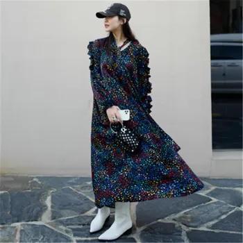 2020 Naujų Pasakų Suknelė Moterų korėjos Elegantiškos Spalvos Blokavimas Gėlių Spausdinti Skara Apykaklės Prarasti Stright Kulkšnies ilgio Suknelės
