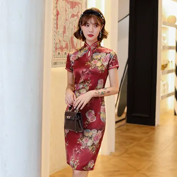 2020 metų Vasaros Naujas Derlius Geresnis Kinų Stiliaus Cheongsam Trumpas Sijonas Elegantiškas Plonas Gėlių Atsitiktinis Qipao Plius Dydis 3XL 4XL