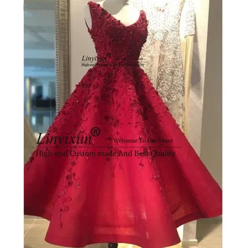 Gana Siuvinėjimo Puošnios Raudonos vakarinės Suknelės Elegantiškas 3D Gėlių Nėrinių Prom Dresses Kulkšnies Ilgis Oficialų Šalis Suknelė Abendkleider