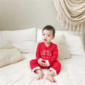 Tradicinis kinų aukštos kokybės berniuko drabužių medvilnės jumpsuit mygtuką kūdikių jumpsuit + Naujųjų Metų hat + kojinių rinkinys